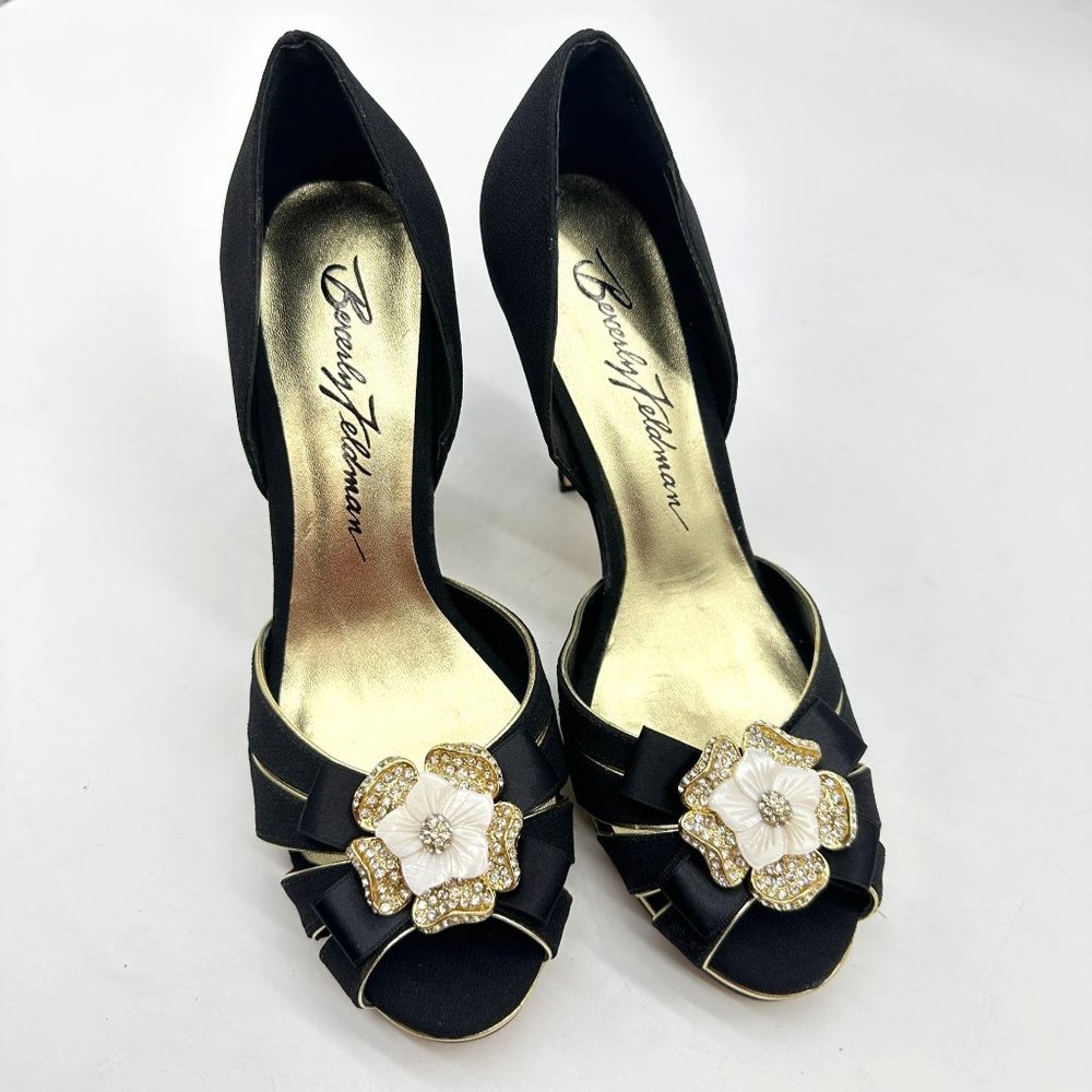 Beverly Feldman Heels Womens Slip On Flower Rhinestone Peep Toe Stiletto Black 8